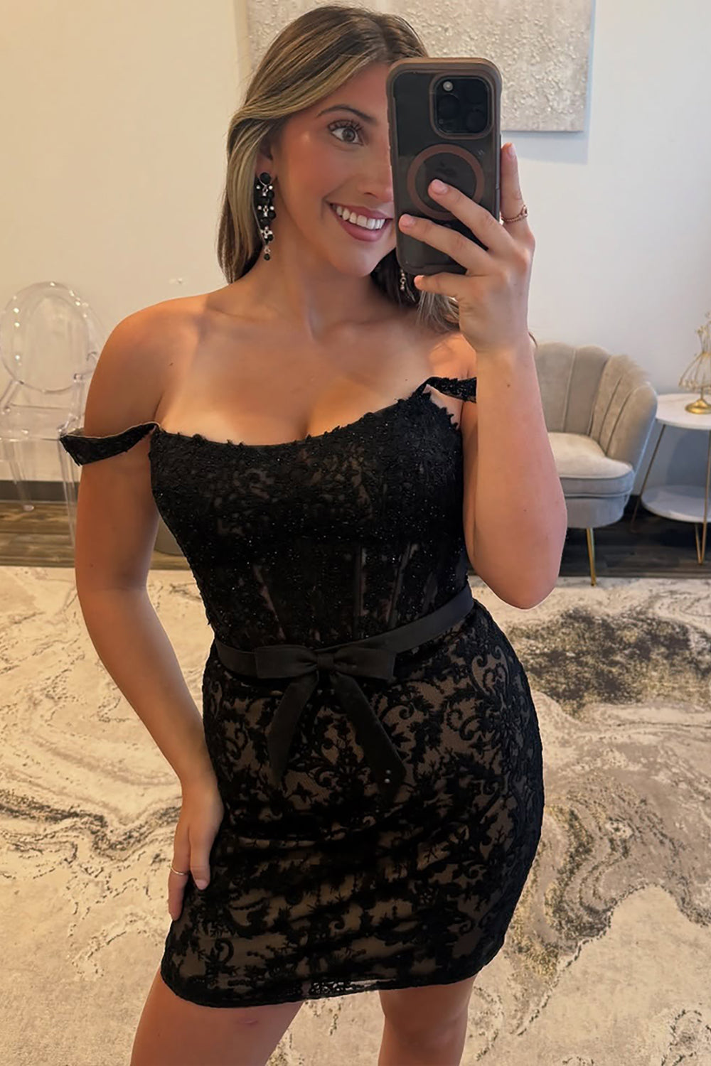 Dressystars Black Lace Off The Shoulder Homecoming Dresses Short Corset Cocktail Dresses With Bow