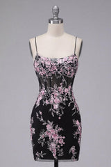 Dressystars Black & Pink Floral Spaghetti Straps Corset Tight Short Homecoming Dress
