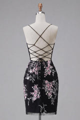 Dressystars Black & Pink Floral Spaghetti Straps Corset Tight Short Homecoming Dress