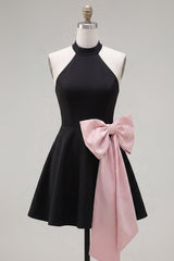Dressystars Black & Pink High Neck A-Line Short Homecoming Dress with Bow