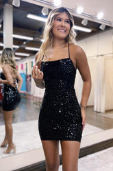Dressystars Black Sequined Halter Bodycon Short Homecoming Dress