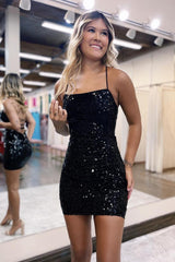 Dressystars Black Sequined Halter Bodycon Short Homecoming Dress