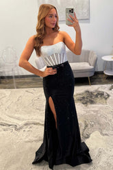 Dressystars Black & Silver Strapless Structured Corset Top Beading Prom Dress With High Slit Formal Evening Gown