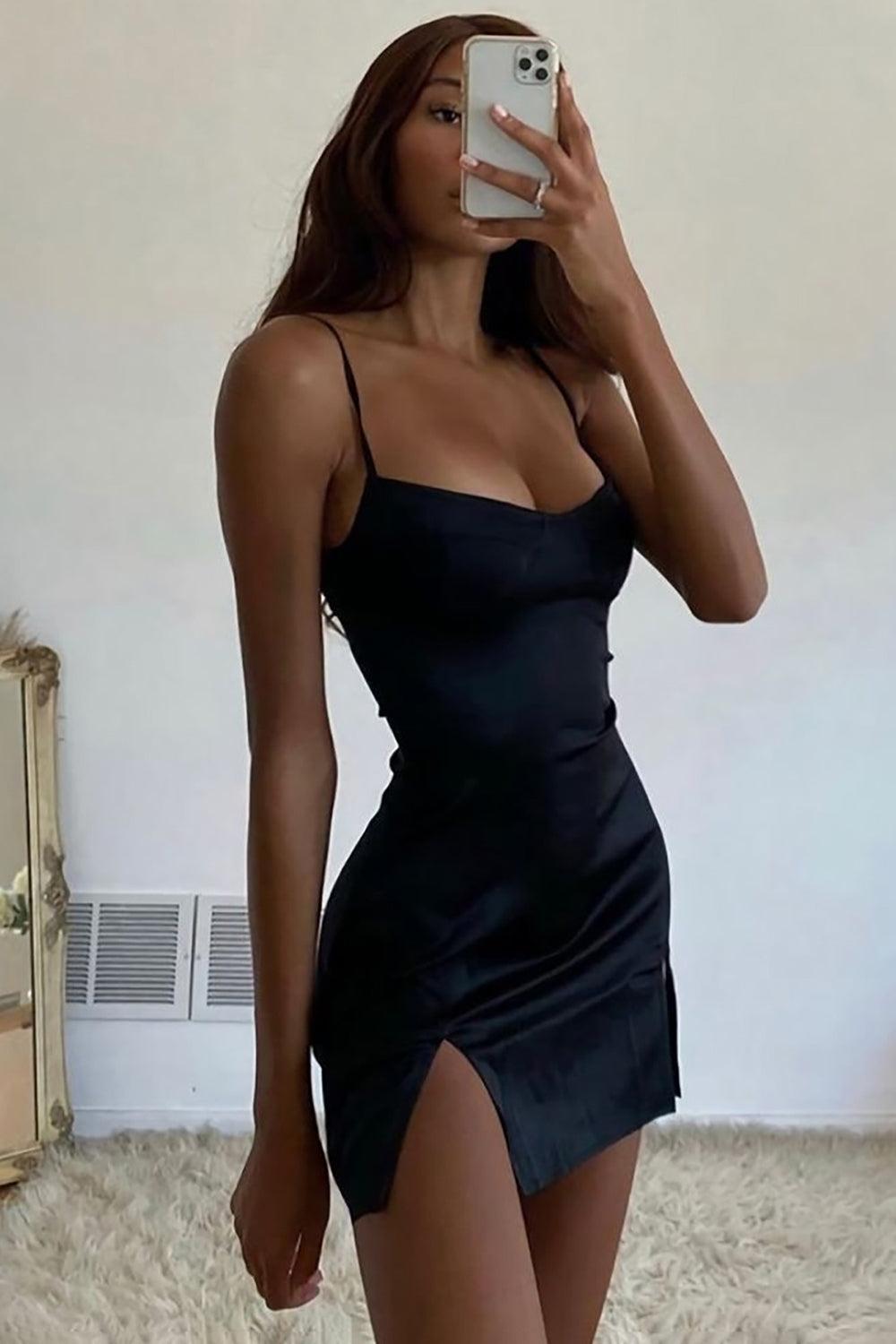 Dressystars Black Spaghetti Straps Sheath Short Homecoming Dress with Slit