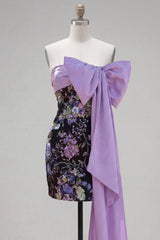 Dressystars Black Strapless Sequin Floral Tight Short Homecoming Dress with Bow
