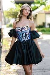 Dressystars Black Sweetheart Neck Homecoming Dress A Line Short Cocktail Dress with Sleeves