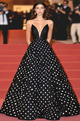 Dressystars Black Wedding Guest Dress Ball Gown V-Neck Formal Dress With Polka Dots