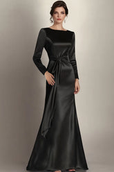 Dressystars Black Wedding Guest Dress Mermaid Long Sleeves Satin Ruched Long Formal Dress