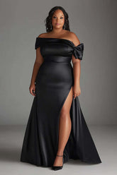 Dressystars Black Wedding Guest Dress Plus Size Off The Shoulder Long Satin Formal Dress With Slit