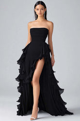 Dressystars Black Wedding Guest Dress Strapless Ruffled Long Chiffon Formal Dress With Slit
