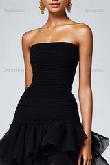 Dressystars Black Wedding Guest Dress Strapless Tulle Long Ruffled Formal Dress With Slit