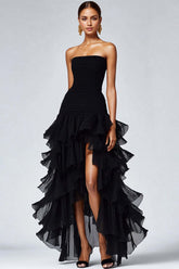 Dressystars Black Wedding Guest Dress Strapless Tulle Long Ruffled Formal Dress With Slit