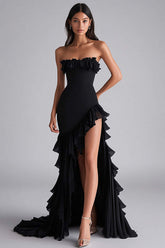 Dressystars Black Wedding Guest Dress Tiered Strapless Long Chiffon Formal Dress With Slit