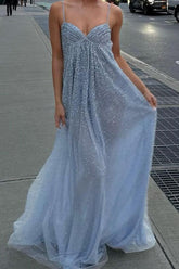Dressystars Bling A Line Spaghetti Straps Grey Blue Long Party Dress With Beading Formal Evening Gown