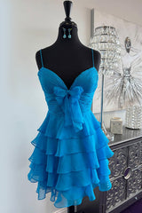 Dressystars Blue A Line Homecoming Dresses Tiered Ruffled Short Cocktail Dresses With Bow