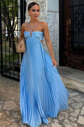 Dressystars Blue A-Line Long Pleated Cutout Prom Dress With Spaghetti Straps Formal Evening Gown