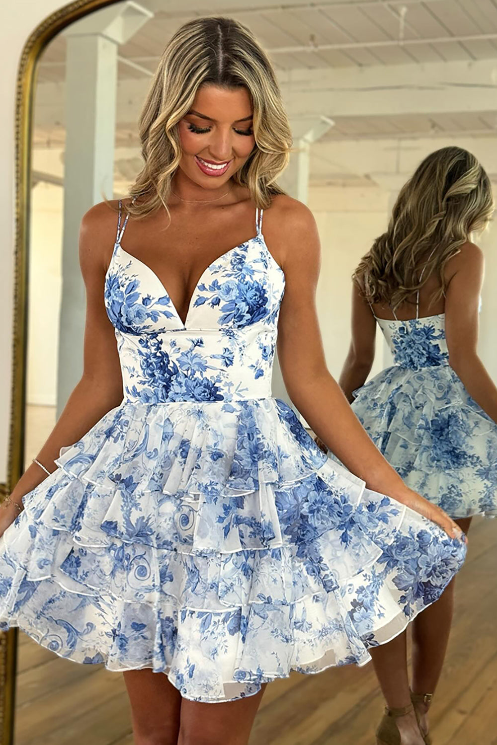 Dressystars Blue Floral Ruffled Homecoming Dresses Tiered Spaghetti Straps Short Cocktail Dresses