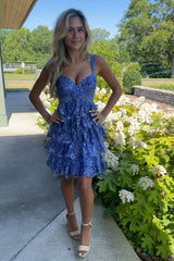 Dressystars Blue Homecoming Dress A Line Sequin Short Ruffled Prom Dress