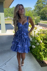 Dressystars Blue Homecoming Dress A Line Sequin Short Ruffled Prom Dress