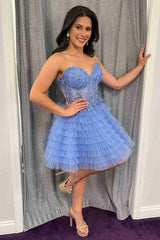 Dressystars Blue Homecoming Dress A Line Strapless Tiered Short Prom Dress With Appliques