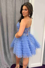 Dressystars Blue Homecoming Dress A Line Strapless Tiered Short Prom Dress With Appliques