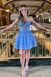 Dressystars Blue Homecoming Dress A Line Strapless Tiered Short Prom Dress With Appliques