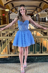 Dressystars Blue Homecoming Dress A Line Strapless Tiered Short Prom Dress With Appliques