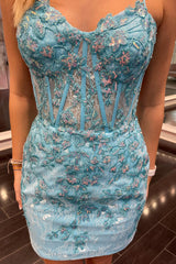 Dressystars Blue Homecoming Dress Corset Floral Tight Short Prom Dress with Lace