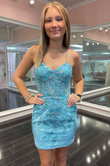 Dressystars Blue Homecoming Dress Corset Floral Tight Short Prom Dress with Lace