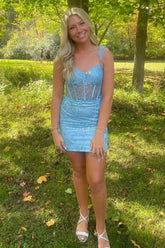 Dressystars Blue Homecoming Dress Corset Sequin Tight Short Prom Dress With Feathers