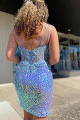 Dressystars Blue Homecoming Dress Corset Sequin Tight Short Prom Dress with Lace