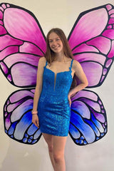 Dressystars Blue Homecoming Dress Corset Sequin Tight Short Prom Dress with Lace