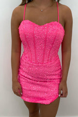 Dressystars Blue Homecoming Dress Corset Sequin Tight Short Prom Dress with Slit