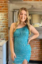 Dressystars Blue Homecoming Dress Fringed One Shoulder Tight Sequin Short Prom Dress