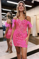 Dressystars Blue Homecoming Dress Lace Sequined Tight Short Prom Dress with Feathers