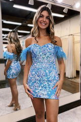 Dressystars Blue Homecoming Dress Lace Sequined Tight Short Prom Dress with Feathers