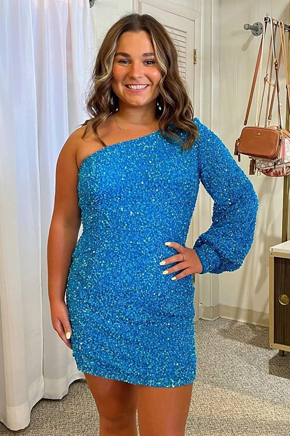 Dressystars Blue Homecoming Dress One Shoulder Sequin Tight Prom Dress