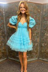 Dressystars Blue Homecoming Dress Ruffled A Line Short Prom Dress