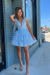 Dressystars Blue Homecoming Dress Sequin A Line Short Prom Dress