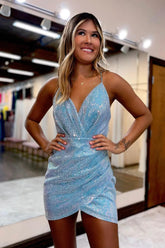 Dressystars Blue Homecoming Dress Sequin Asymmetrical Tight Short Prom Dress