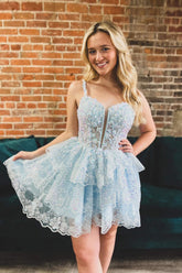 Dressystars Blue Homecoming Dress Sequin Corset Short Prom Dress With Ruffles
