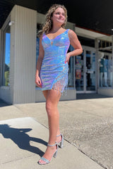 Dressystars Blue Homecoming Dress Sequin Tight Short Prom Dress with Fringes