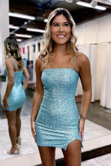 Dressystars Blue Homecoming Dress Sequin Tight Short Prom Dress with Slit