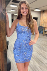 Dressystars Blue Homecoming Dress Sequined Beaded Backless Tight Short Prom Dress