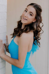 Dressystars Blue Homecoming Dress Sequined One Shoulder Tight Short Prom Dress with Feathers