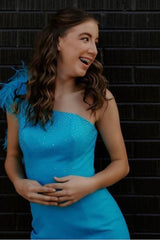 Dressystars Blue Homecoming Dress Sequined One Shoulder Tight Short Prom Dress with Feathers
