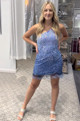 Dressystars Blue Homecoming Dress Sequined One Shoulder Tight Short Prom Dress with Fringes