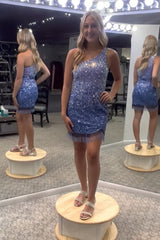 Dressystars Blue Homecoming Dress Sequined One Shoulder Tight Short Prom Dress with Fringes