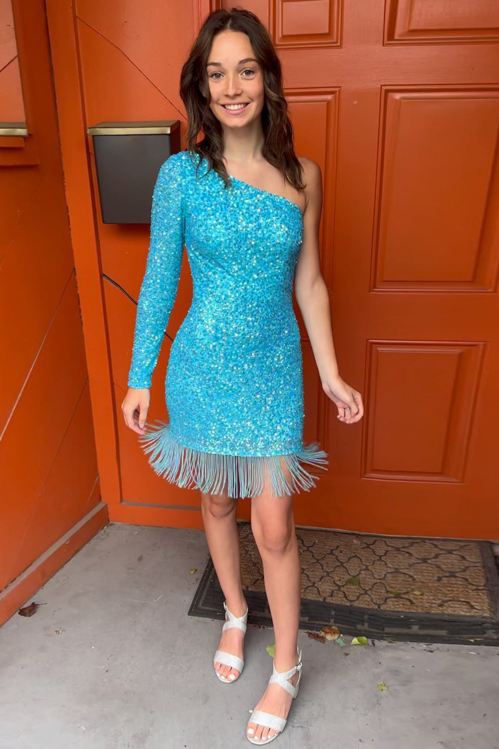Dressystars Blue Homecoming Dress Sequined One Shoulder Tight Short Prom Dress with Fringes