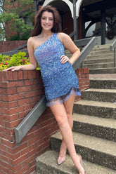 Dressystars Blue Homecoming Dress Sequined One Shoulder Tight Short Prom Dress with Fringes
